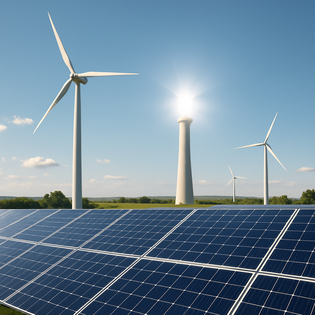 Create a real life image of sustainable energy or renewable energy sources in one image